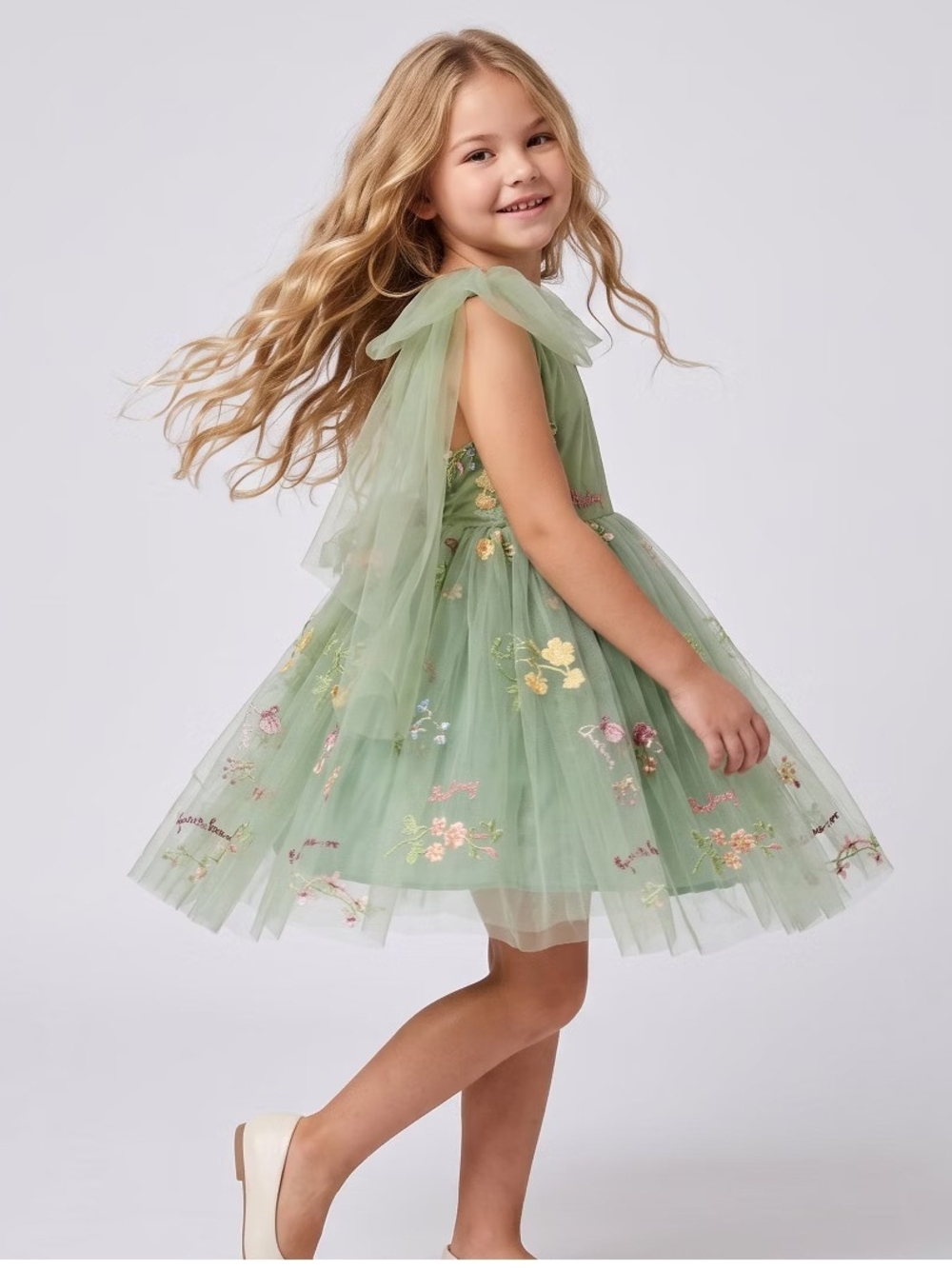 Green Floral Tulle Kids Costume Dress Flower Girl